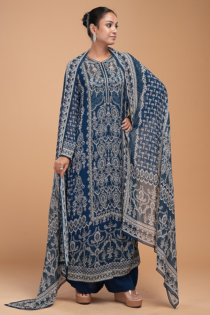 Blue Dobby Georgette Digital Printed & Embroidered Kurta Set by NIRRAAMYAA at Pernia's Pop Up Shop