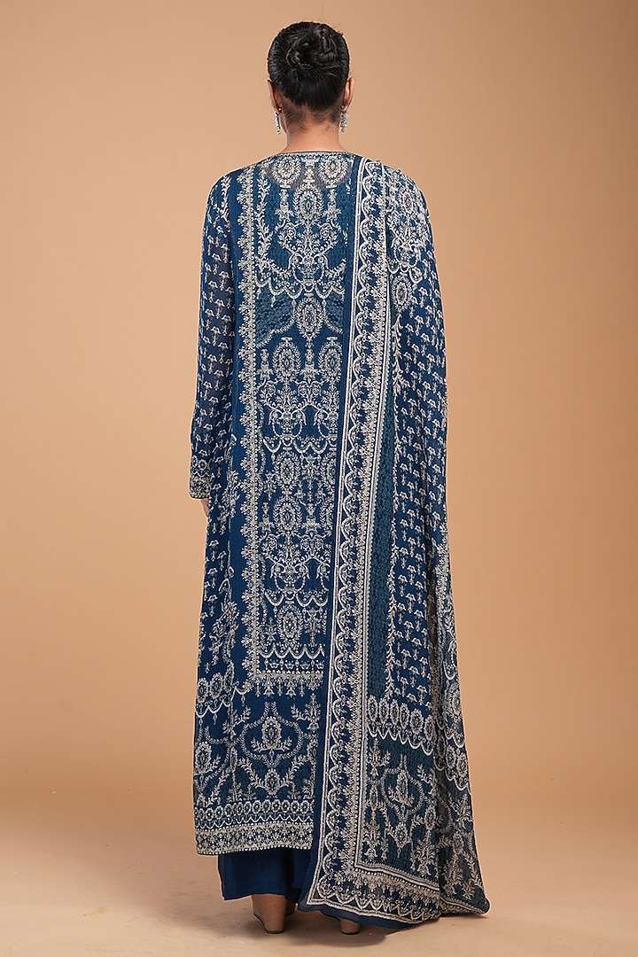 Blue Dobby Georgette Digital Printed & Embroidered Kurta Set by NIRRAAMYAA at Pernia's Pop Up Shop
