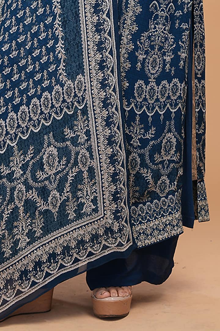 Blue Dobby Georgette Digital Printed & Embroidered Kurta Set by NIRRAAMYAA at Pernia's Pop Up Shop