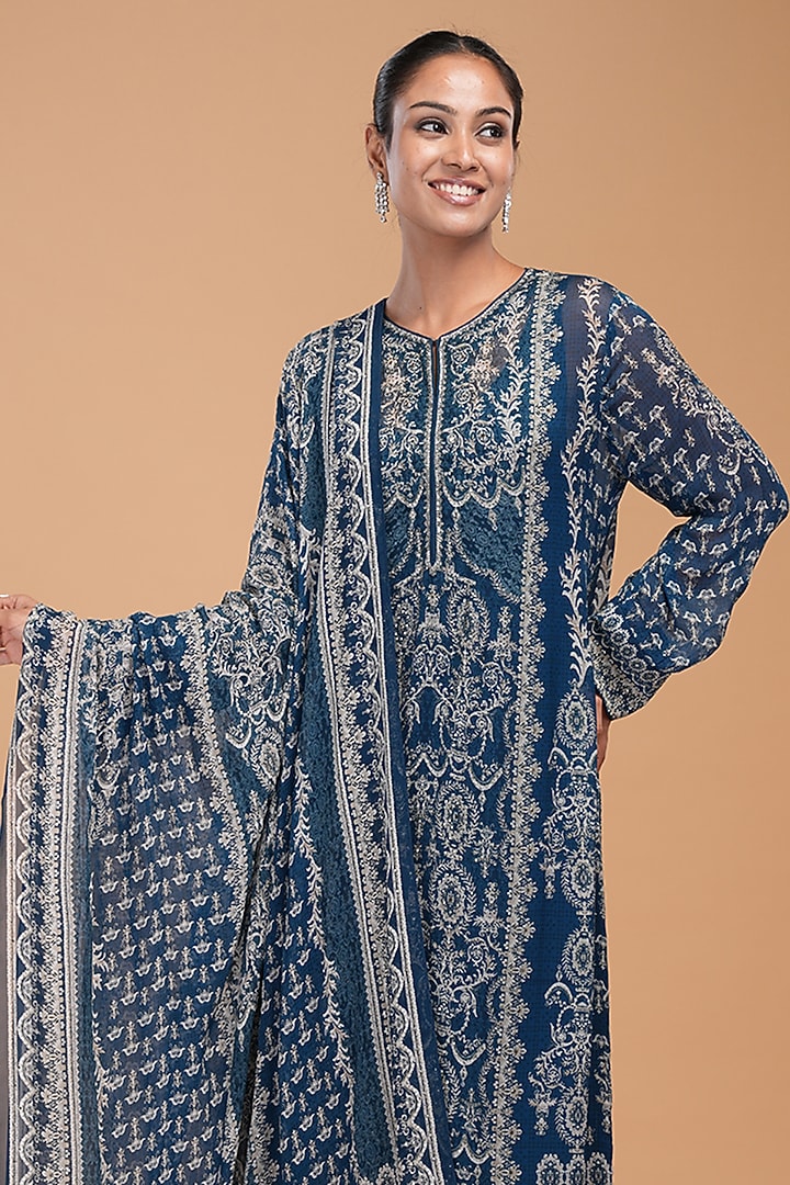 Blue Dobby Georgette Digital Printed & Embroidered Kurta Set by NIRRAAMYAA at Pernia's Pop Up Shop