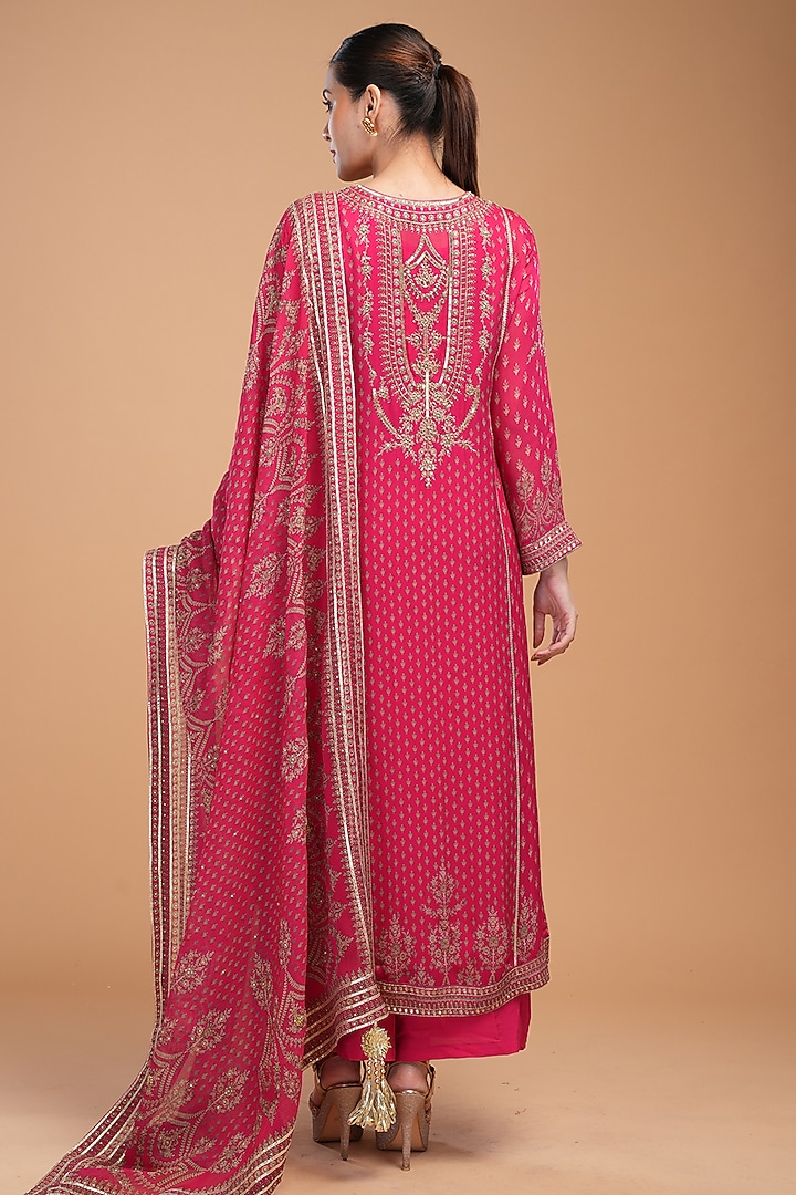 Fuchsia Dobby Georgette Digital Printed & Hand Embroidered Kurta Set by NIRRAAMYAA at Pernia's Pop Up Shop