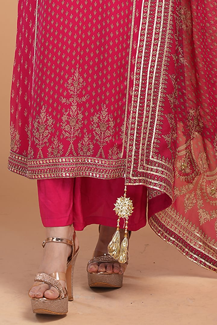 Fuchsia Dobby Georgette Digital Printed & Hand Embroidered Kurta Set by NIRRAAMYAA at Pernia's Pop Up Shop