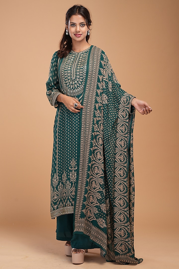 Teal Dobby Georgette Digital Printed & Hand Embroidered Kurta Set by NIRRAAMYAA at Pernia's Pop Up Shop