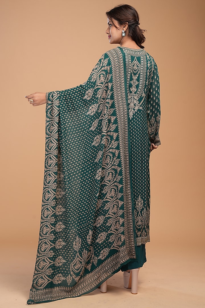 Teal Dobby Georgette Digital Printed & Hand Embroidered Kurta Set by NIRRAAMYAA at Pernia's Pop Up Shop