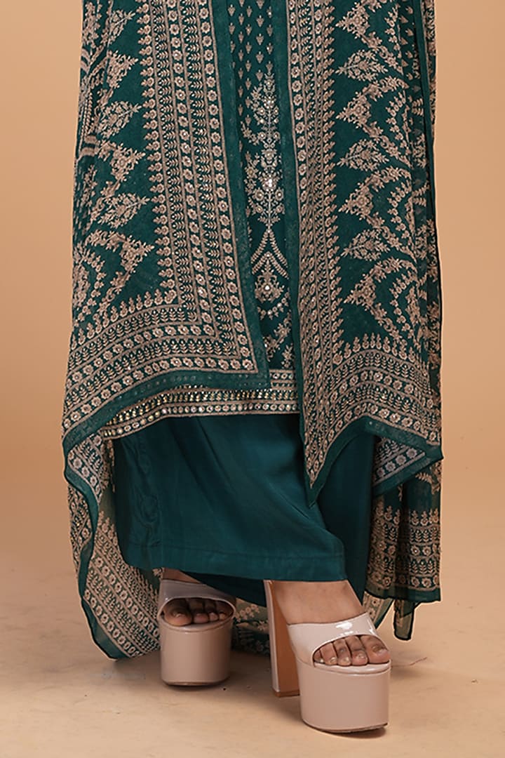 Teal Dobby Georgette Digital Printed & Hand Embroidered Kurta Set by NIRRAAMYAA at Pernia's Pop Up Shop