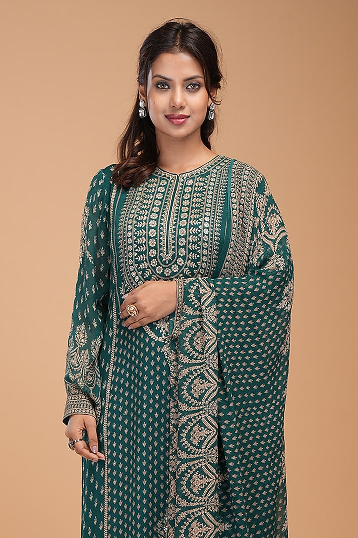 Teal Dobby Georgette Digital Printed & Hand Embroidered Kurta Set by NIRRAAMYAA at Pernia's Pop Up Shop