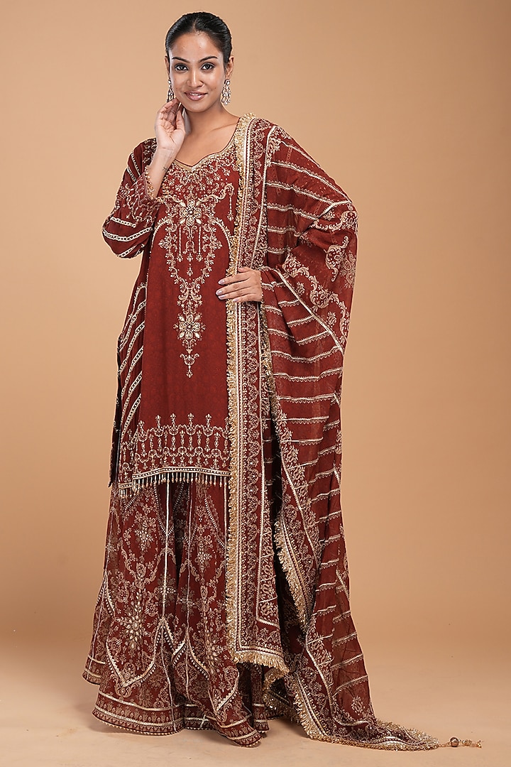 Maroon Georgette Digital Printed & Gota Hand Embroidered Sharara Set by NIRRAAMYAA at Pernia's Pop Up Shop