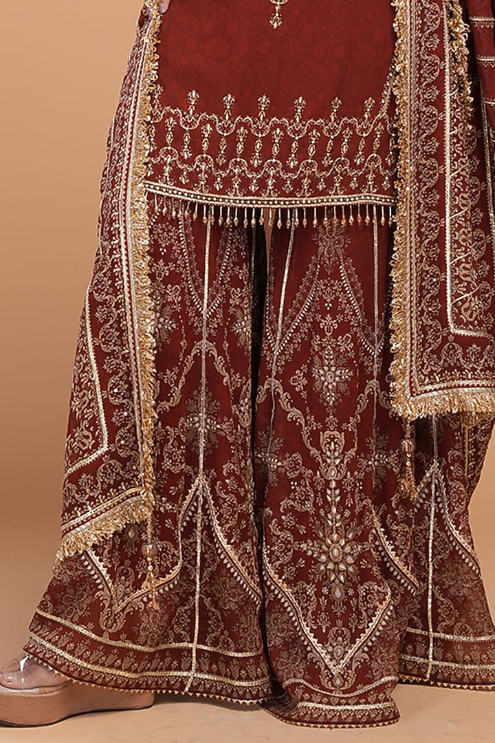 Maroon Georgette Digital Printed & Gota Hand Embroidered Wedding Sharara Set by NIRRAAMYAA at Pernia's Pop Up Shop