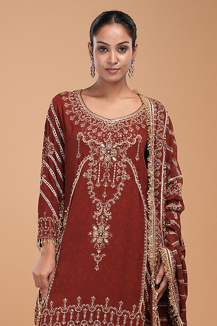 Maroon Georgette Digital Printed & Gota Hand Embroidered Wedding Sharara Set by NIRRAAMYAA at Pernia's Pop Up Shop