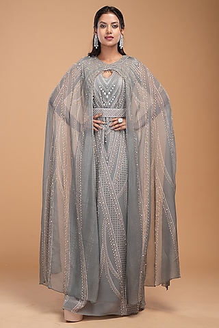 Grey Georgette Digital Printed & Embroidered Kaftan With Belt by NIRRAAMYAA