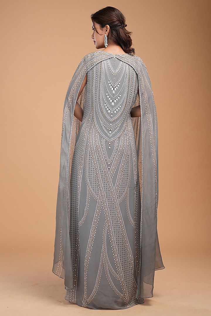 Grey Georgette Digital Printed & Embroidered Kaftan With Belt by NIRRAAMYAA at Pernia's Pop Up Shop