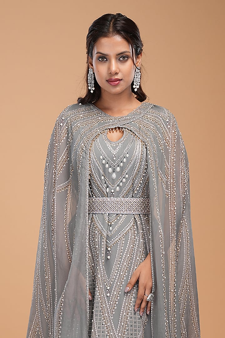 Grey Georgette Digital Printed & Embroidered Kaftan With Belt by NIRRAAMYAA at Pernia's Pop Up Shop