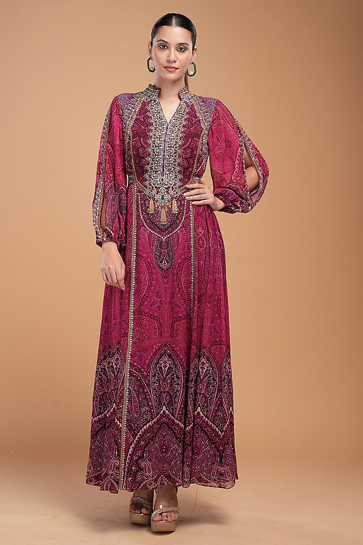 Wine Georgette Digital Printed & Embroidered Kaftan by NIRRAAMYAA at Pernia's Pop Up Shop