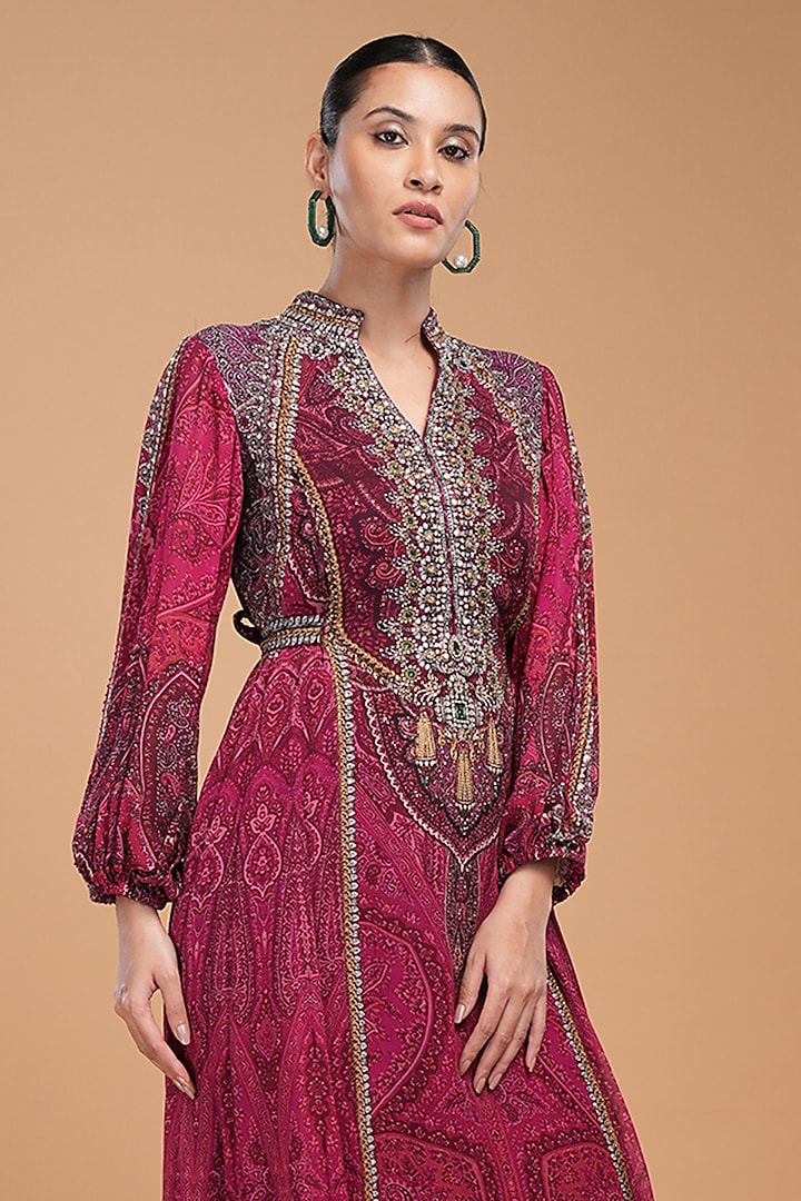 Wine Georgette Digital Printed & Embroidered Kaftan by NIRRAAMYAA at Pernia's Pop Up Shop