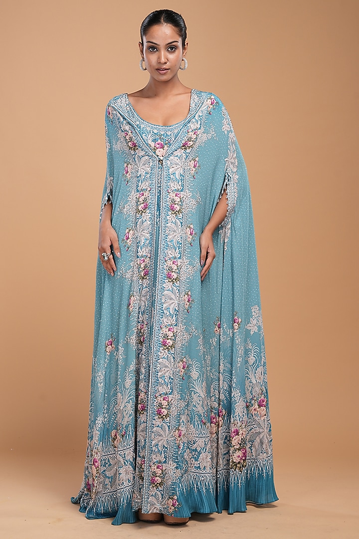 Aqua Crepe Digital Printed & Embroidered Kaftan With Belt by NIRRAAMYAA at Pernia's Pop Up Shop