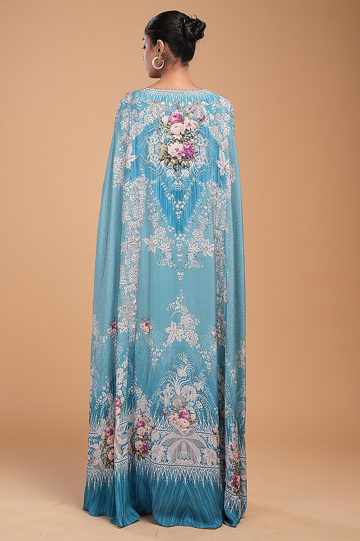 Aqua Crepe Digital Printed & Embroidered Kaftan With Belt by NIRRAAMYAA at Pernia's Pop Up Shop