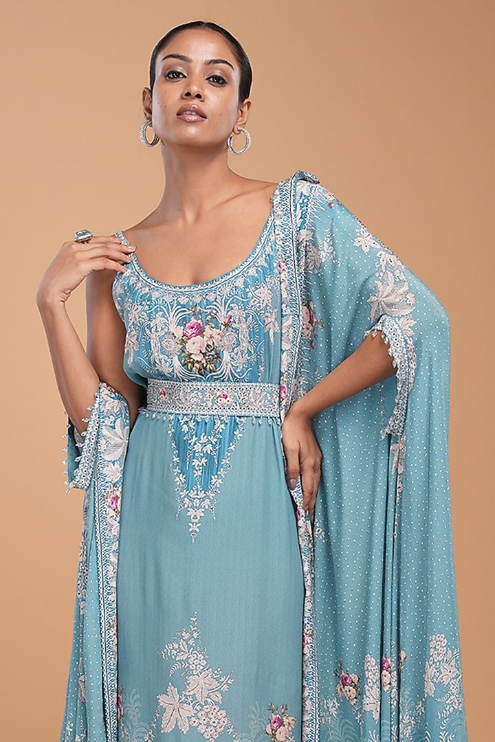 Aqua Crepe Digital Printed & Embroidered Kaftan With Belt by NIRRAAMYAA at Pernia's Pop Up Shop