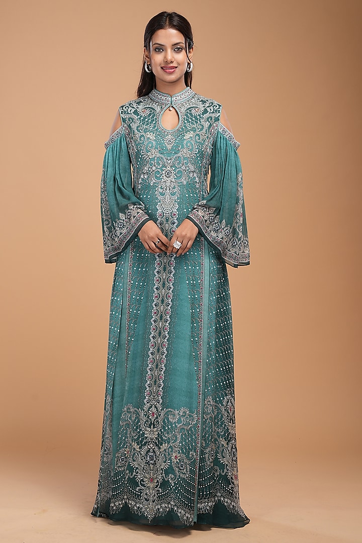 Teal Georgette Digital Printed & Embroidered Kaftan With Belt by NIRRAAMYAA at Pernia's Pop Up Shop