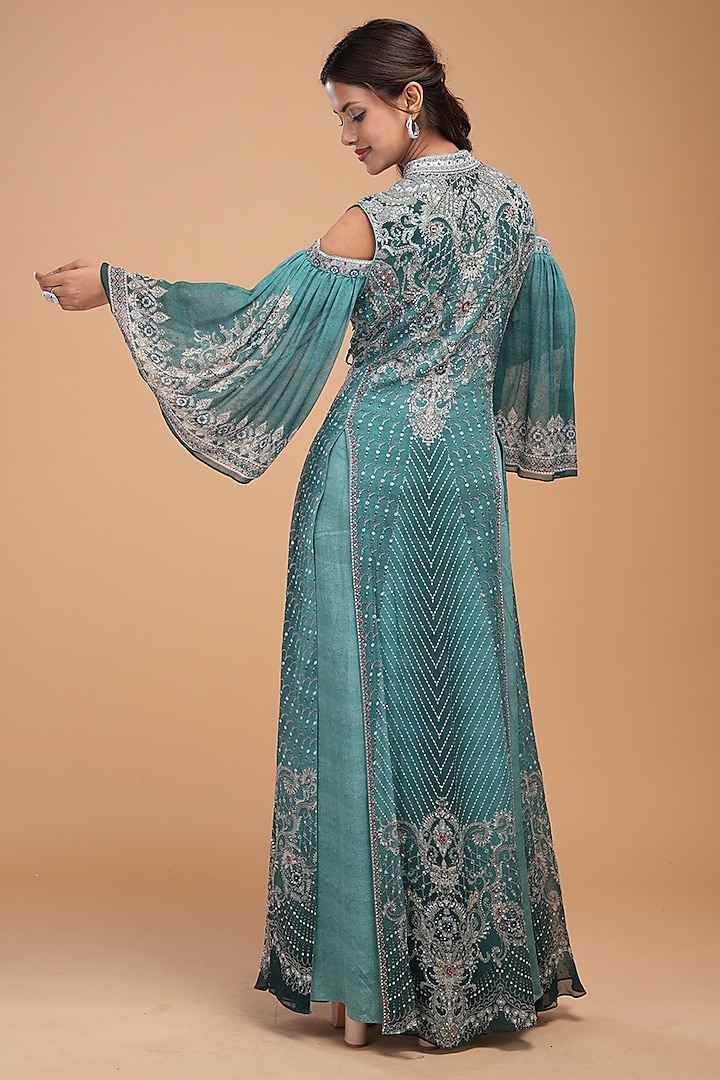 Teal Georgette Digital Printed & Embroidered Kaftan With Belt by NIRRAAMYAA at Pernia's Pop Up Shop