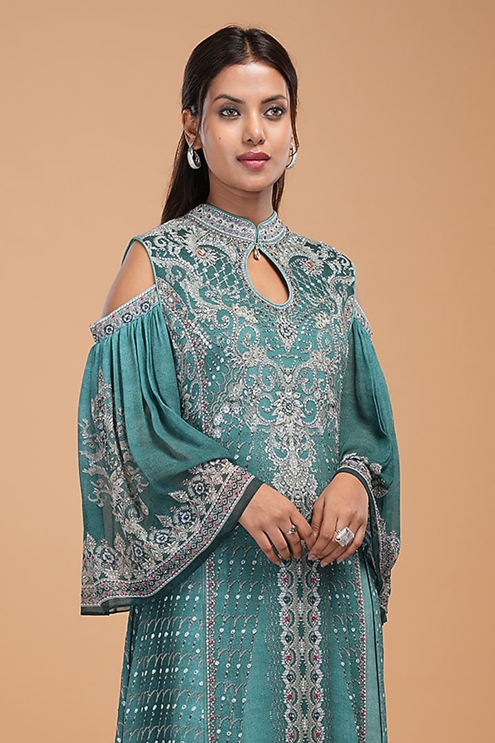 Teal Georgette Digital Printed & Embroidered Kaftan With Belt by NIRRAAMYAA at Pernia's Pop Up Shop