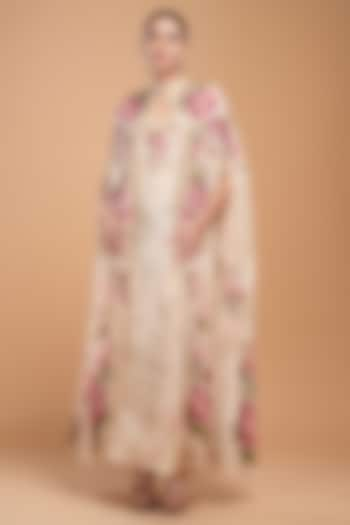 Beige Bemberg Crepe Digital Printed & Embroidered Kaftan With Belt by NIRRAAMYAA at Pernia's Pop Up Shop