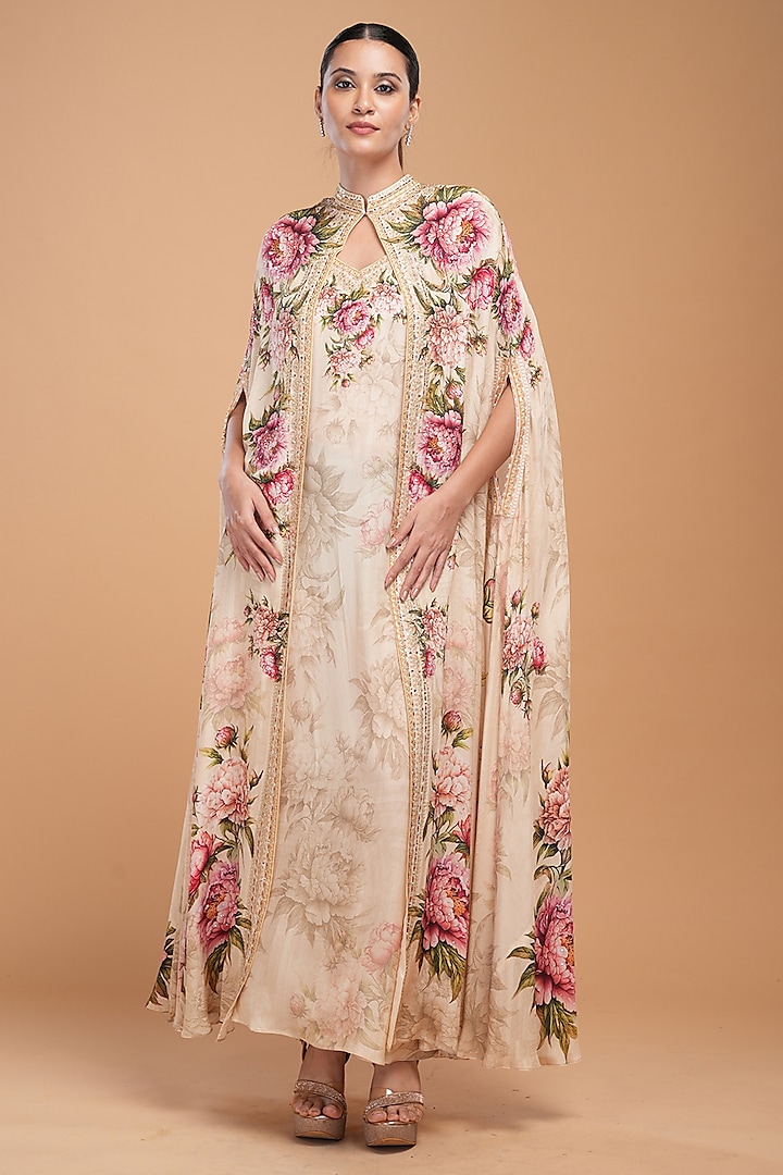 Beige Bemberg Crepe Digital Printed & Embroidered Kaftan With Belt by NIRRAAMYAA at Pernia's Pop Up Shop