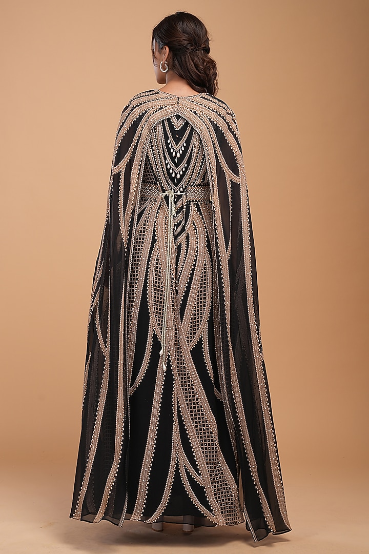 Black & Gold Georgette Digital Printed & Embroidered Kaftan With Belt by NIRRAAMYAA at Pernia's Pop Up Shop