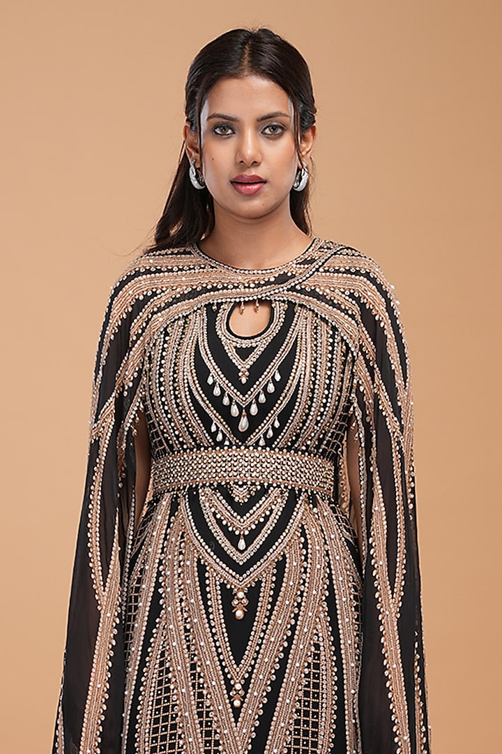 Black & Gold Georgette Digital Printed & Embroidered Kaftan With Belt by NIRRAAMYAA at Pernia's Pop Up Shop