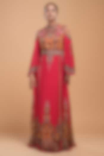 Red Georgette Digital Printed & Embroidered Kaftan With Belt by NIRRAAMYAA at Pernia's Pop Up Shop