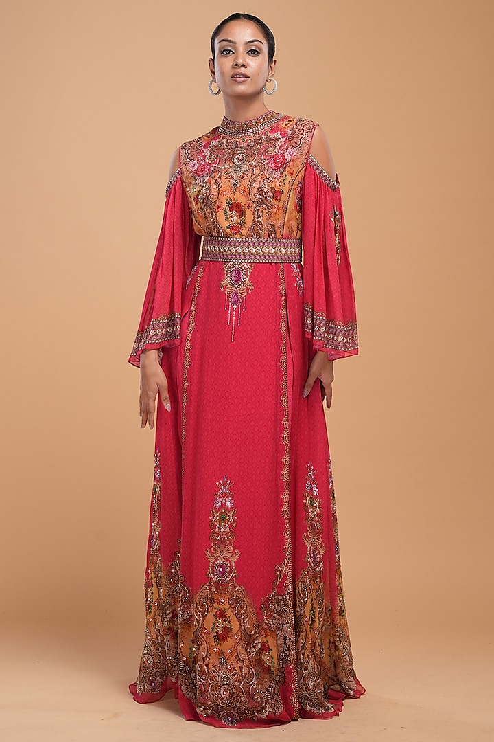 Red Georgette Digital Printed & Embroidered Kaftan With Belt by NIRRAAMYAA at Pernia's Pop Up Shop