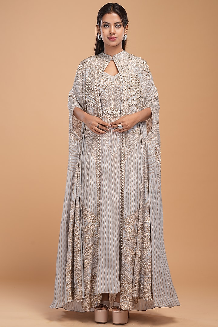 Silver Crepe Digital Printed Cape by NIRRAAMYAA at Pernia's Pop Up Shop