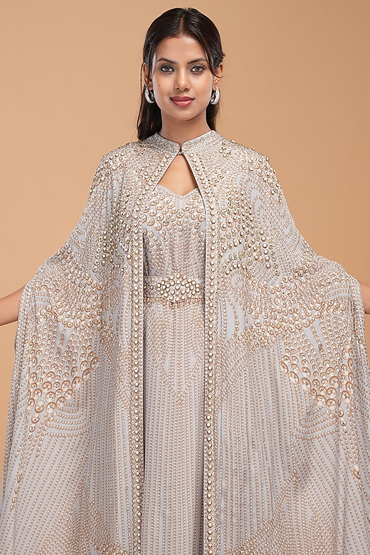 Silver Crepe Digital Printed Cape by NIRRAAMYAA at Pernia's Pop Up Shop