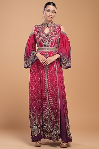Red Georgette Digital Printed Kaftan With Belt by NIRRAAMYAA
