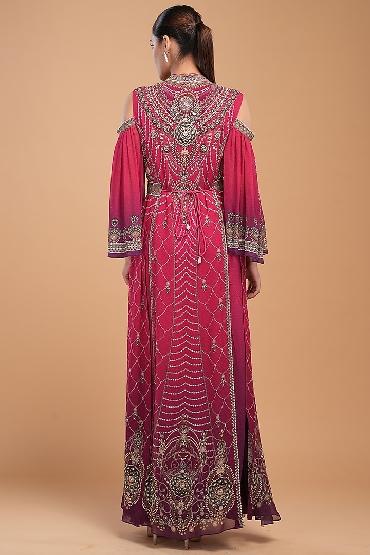 Red Georgette Digital Printed Kaftan With Belt by NIRRAAMYAA at Pernia's Pop Up Shop