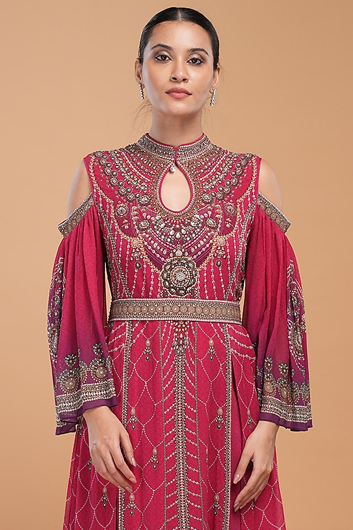 Red Georgette Digital Printed Kaftan With Belt by NIRRAAMYAA at Pernia's Pop Up Shop