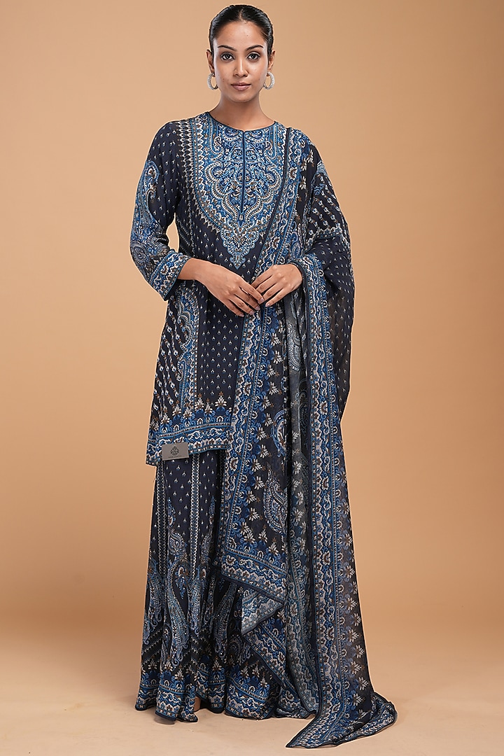 Navy Blue Crepe Digital Printed Sharara Set by NIRRAAMYAA at Pernia's Pop Up Shop