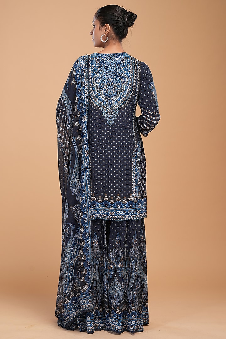 Navy Blue Crepe Digital Printed Party Wear Sharara Set by NIRRAAMYAA at Pernia's Pop Up Shop