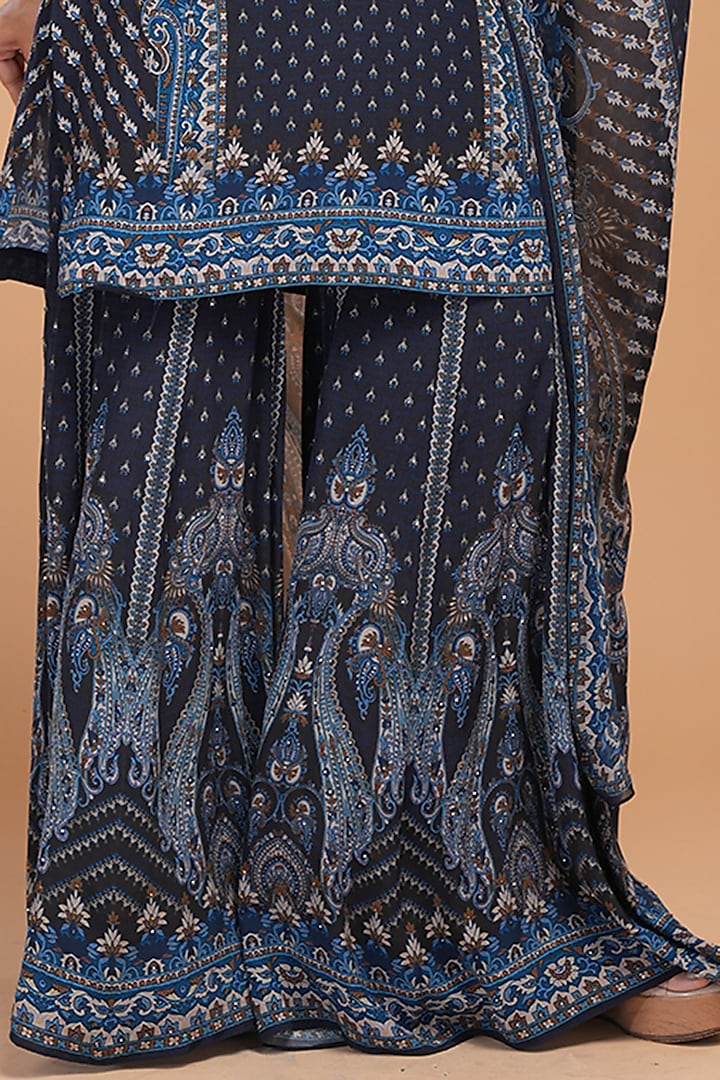 Navy Blue Crepe Digital Printed Party Wear Sharara Set by NIRRAAMYAA at Pernia's Pop Up Shop