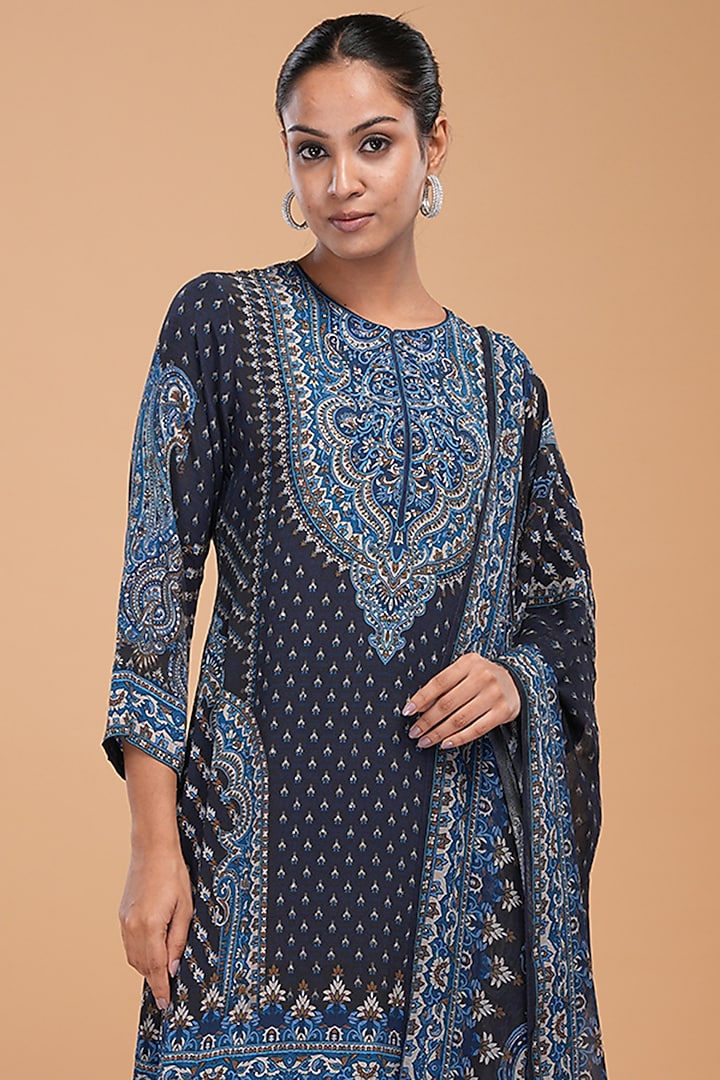 Navy Blue Crepe Digital Printed Party Wear Sharara Set by NIRRAAMYAA at Pernia's Pop Up Shop