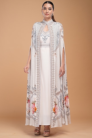 White Crepe Digital Printed Cape Kaftan by NIRRAAMYAA