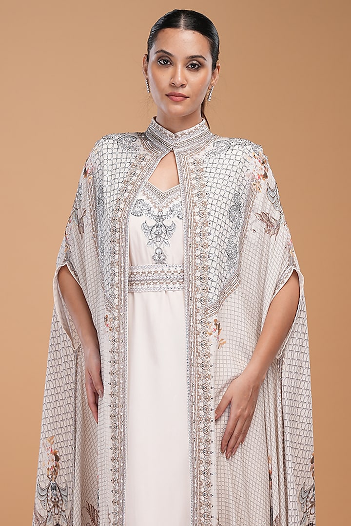 White Crepe Digital Printed Cape Kaftan by NIRRAAMYAA at Pernia's Pop Up Shop