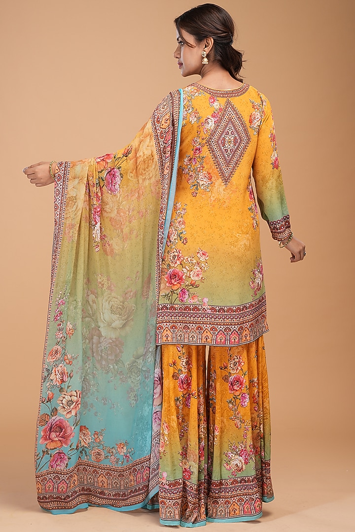 Mustard Crepe Digital Printed Party Wear Sharara Set by NIRRAAMYAA at Pernia's Pop Up Shop