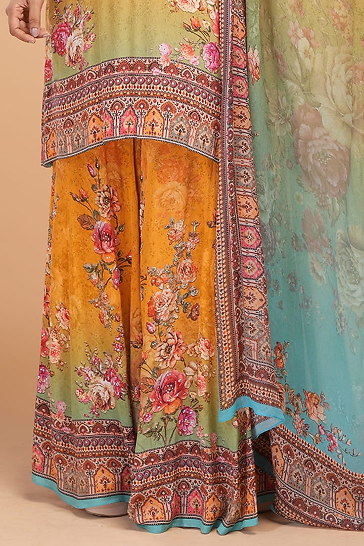 Mustard Crepe Digital Printed Party Wear Sharara Set by NIRRAAMYAA at Pernia's Pop Up Shop