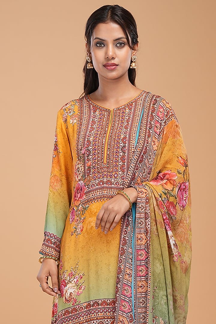 Mustard Crepe Digital Printed Party Wear Sharara Set by NIRRAAMYAA at Pernia's Pop Up Shop