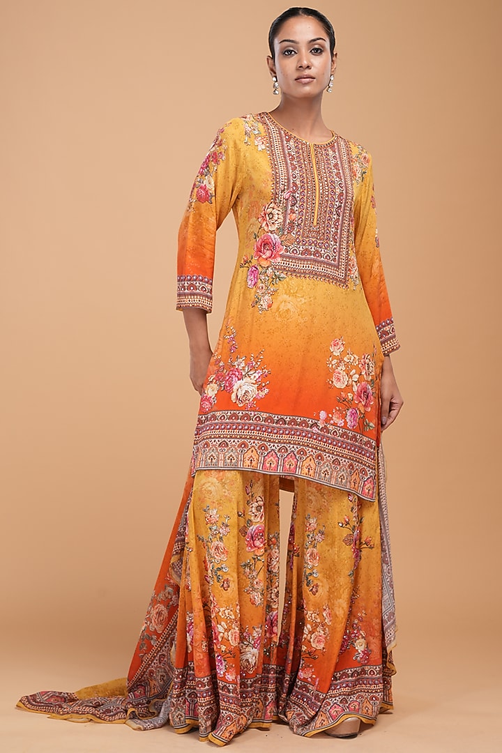 Mustard Red Crepe Digital Printed Party Wear Sharara Set by NIRRAAMYAA at Pernia's Pop Up Shop