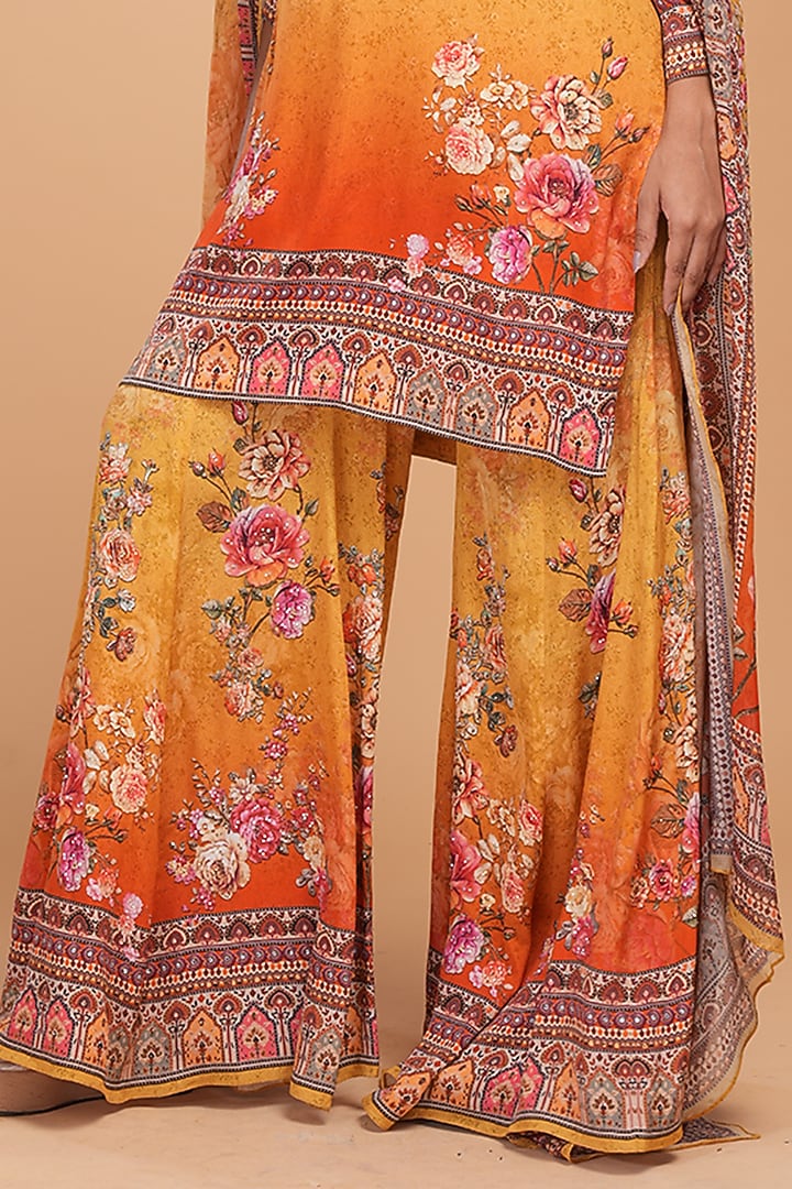 Mustard Red Crepe Digital Printed Party Wear Sharara Set by NIRRAAMYAA at Pernia's Pop Up Shop