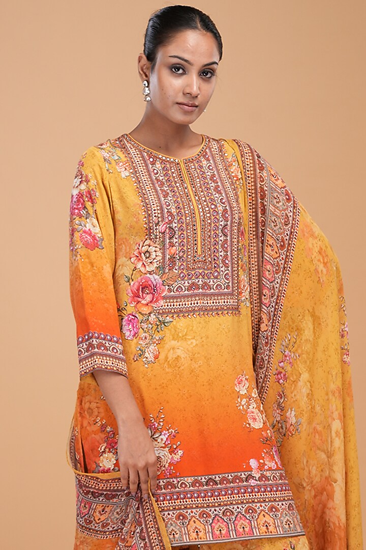Mustard Red Crepe Digital Printed Party Wear Sharara Set by NIRRAAMYAA at Pernia's Pop Up Shop