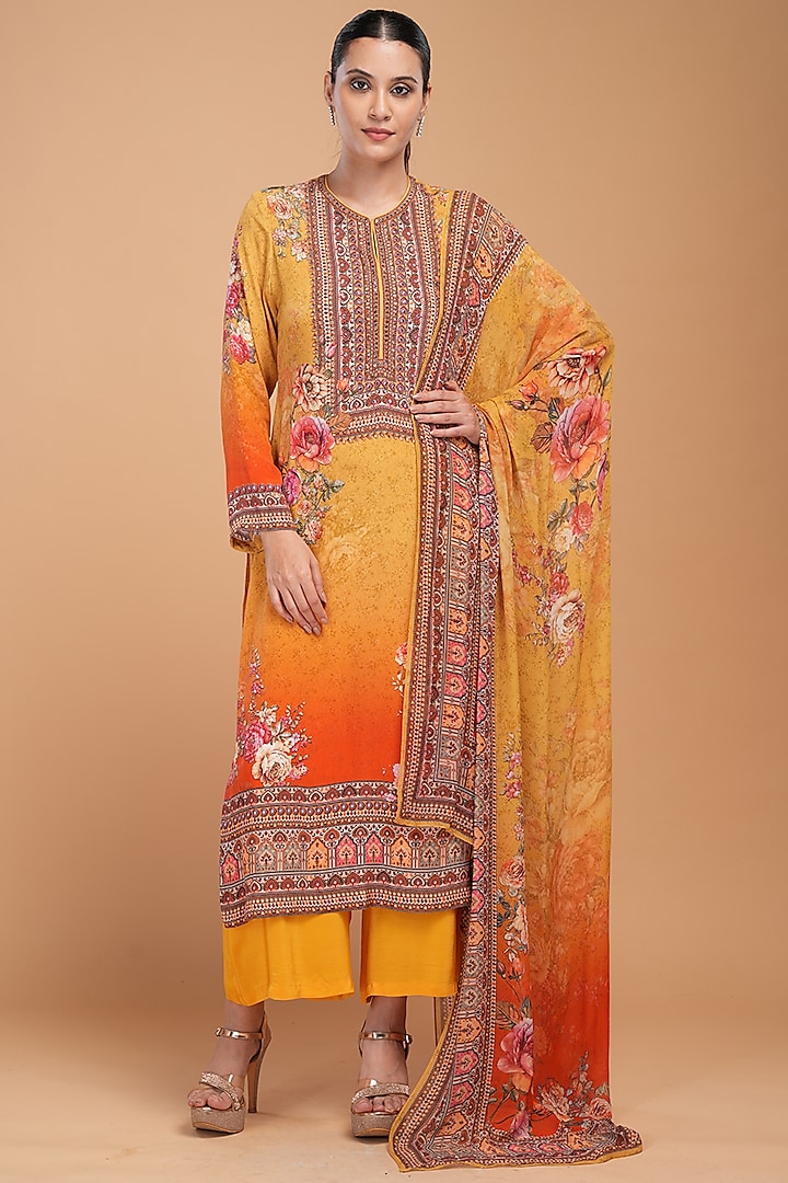 Mustard Red Georgette Digital Printed Kurta Set by NIRRAAMYAA at Pernia's Pop Up Shop