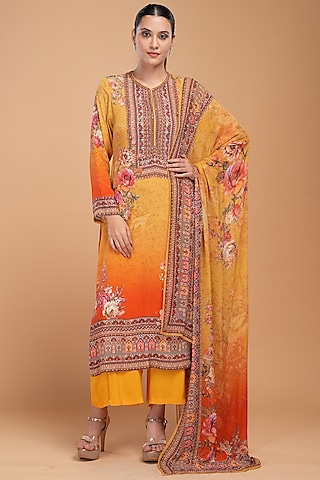 Mustard Red Georgette Digital Printed Kurta Set by NIRRAAMYAA