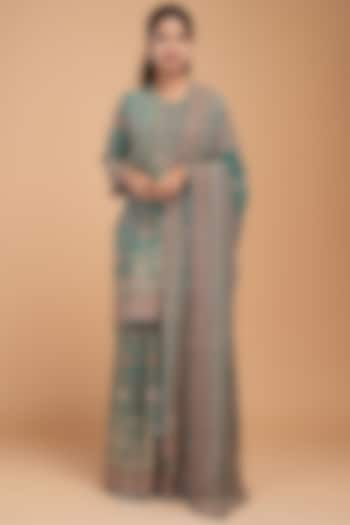 Teal Crepe Digital Printed Sharara Set by NIRRAAMYAA at Pernia's Pop Up Shop